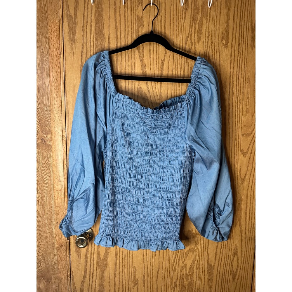 Sterling Kreek Denim Darling Light Blue Smocked Puff Sleeve Top XL NWT